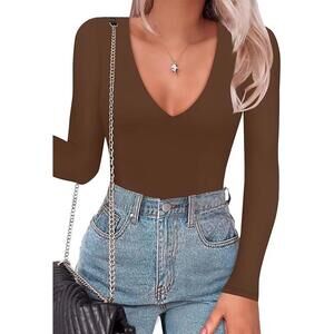 SAUNGKUAI Women's Plunge Deep V Neck Long Sleeve Bodysuit - Brown - Medium *NEW*